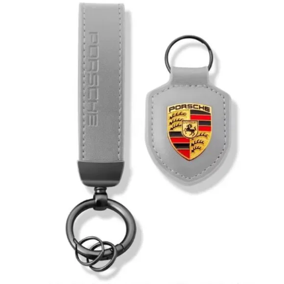PORSCHE STUTTGART HOTROD Gray Suede Leather Crest KeyRing Key Chain - Picture 1 of 2
